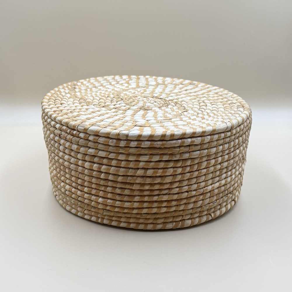 Handwoven Lidded Raffia Coil Basket Natural Boho Woven Storage Basket Vintage
